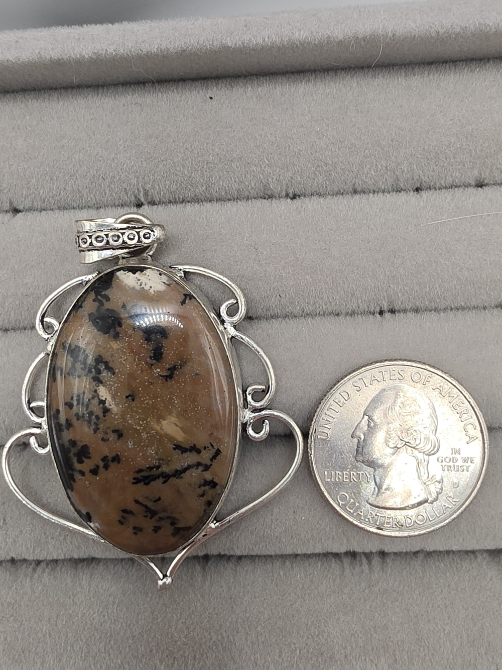 Silver Plated Brown Dendritic Agate Pendant - Elegant Women’s Jewelry